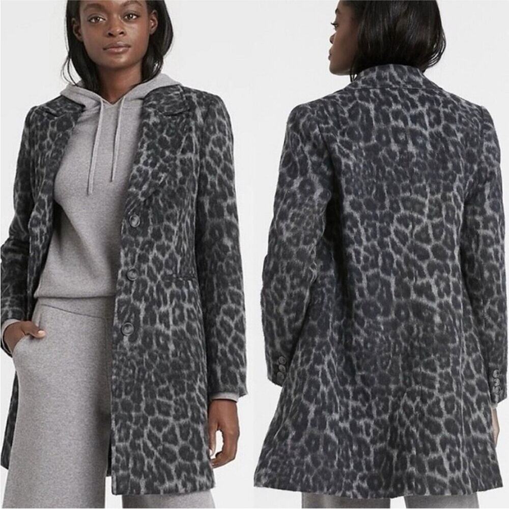 Banana Republic Black and Gray Leopard Wool Coat M